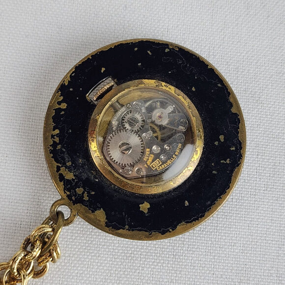 Vintage Caravelle Back & Gold Tone Pendant Watch Necklace 7 jewels - Picture 6 of 11